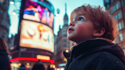 Obraz premium A Child looking up awe colorful billboard London cityscape dusk, captivated by vibrant lights and educational program promotion