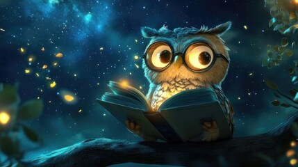 Fototapeta premium Cute Owl Reading Book at Night