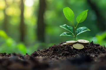 Fototapeta premium A Growing plant with coins symbolizes investment in nature and finance
