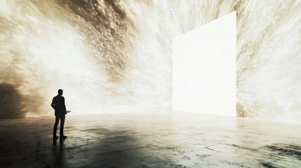 Fototapeta premium A person stands vast space, gazing bright white light emanating from large rectangular opening. atmosphere is surreal and
