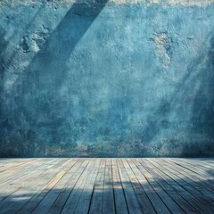 Interior room with blue wall and weathered wooden floorboards