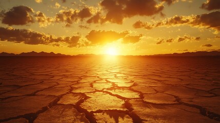 Sunset over cracked desert landscape, arid climate, environmental impact