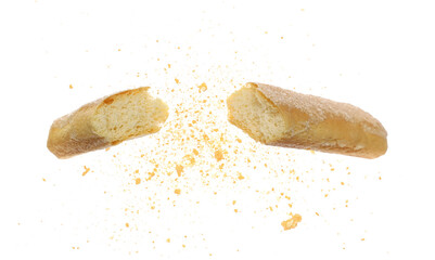 Ladyfinger savoiardi biscuit broken with crumbs, isolated on white, clipping path