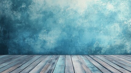Textured teal painted wall meeting a worn wooden plank floor