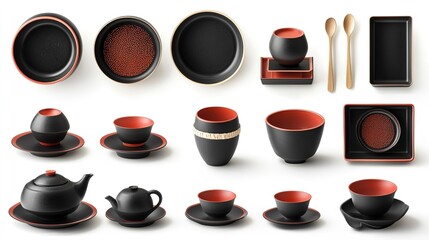Japanese traditional wares collection isolated display kitchenware minimalist environment top-down view artistic concept