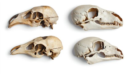 Mammal skull and skeleton display isolated on white background scientific study clean environment close-up view
