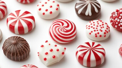 Fototapeta premium Red and white striped candies on white background, close-up shot, festive food photography, holiday baking