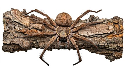 Camouflaged spider on bark texture isolated nature scene close-up photography white background macro concept