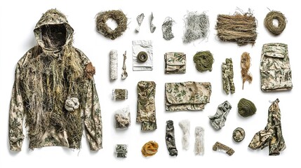 Advanced hunting camouflage gear set for outdoor adventures natural environment product showcase close-up view
