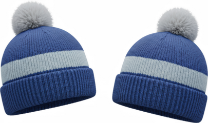 Two Blue Knit Winter Beanies with Pom Poms and White Stripe Detail Fashion Accessory