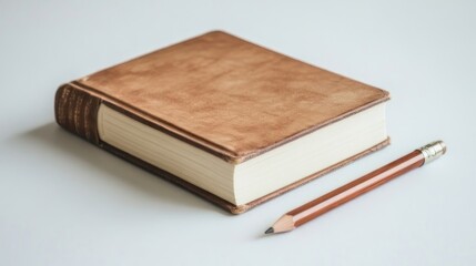Brown Leather Journal with Pencil on White Surface