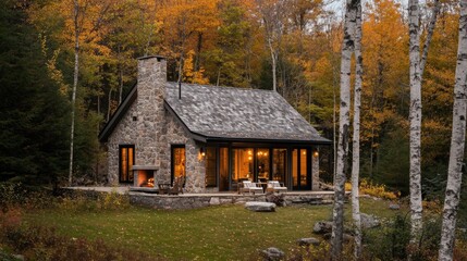 Fototapeta premium Stone Cabin in Autumnal Forest: Cozy Fireplace & Fall Foliage