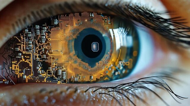 A closeup image displaying the intricate circuitry embedded within a smart contact lens with tiny wires and sensors interconnected demonstrating the sophisticated engineering behind