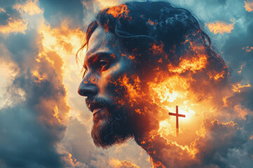 Radiant clouds form the face of Jesus Christ with cross glowing within, symbolizing divine presence sacrifice and eternal truth