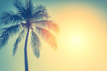 Vintage Tropical Beach Scene with Coconut Palm Trees Under Sunlit Sky and Distressed Flare Effect