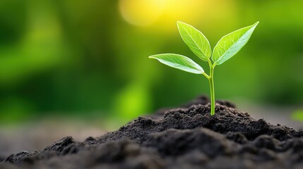 Fototapeta premium Green seedling sprouting in cracked dry soil symbolizing new life