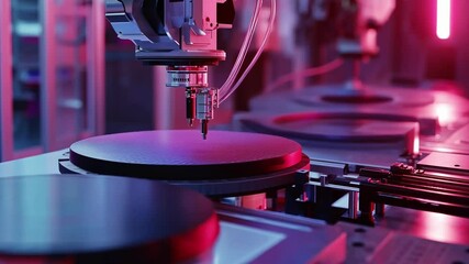 Robotic arm precisely fabricating a semiconductor wafer in a high tech manufacturing facility. The environment is illuminated with pink and blue lighting, highlighting cutting edge technology