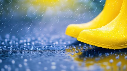 Bright yellow rain boots standing on wet ground in heavy rainfall