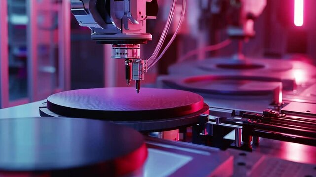 Robotic arm precisely fabricating a semiconductor wafer in a high tech manufacturing facility. The environment is illuminated with pink and blue lighting, highlighting cutting edge technology