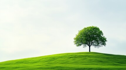 Single green tree on grassy hill under clear blue sky