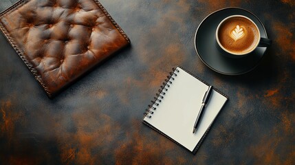 Leather Wallet Notebook Coffee And Pen On Desk