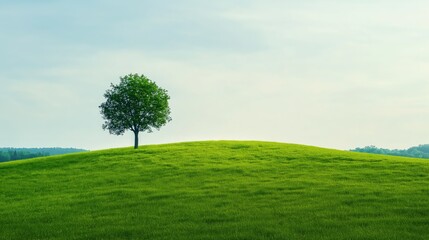 Fototapeta premium Single green tree on grassy hill under clear blue sky