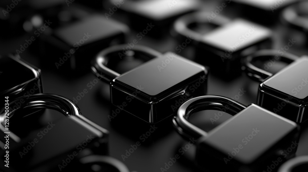Poster shiny black padlocks arranged on a dark surface, symbolizing data protection and access security in 