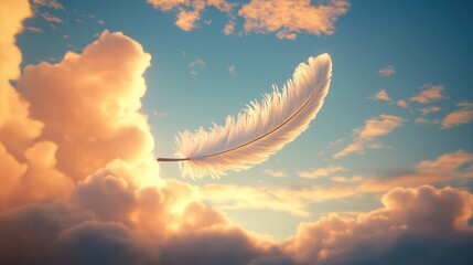 Soft feather gliding above glowing clouds	