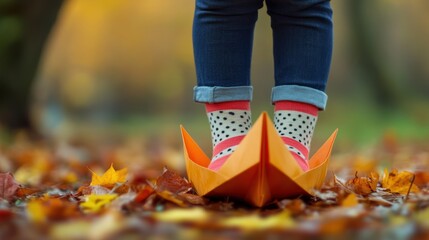 Child's feet in paper boat, autumn leaves, park