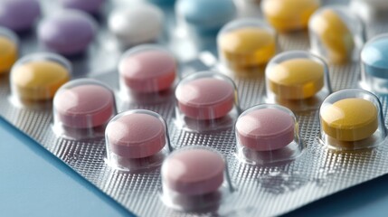 Colorful pills blister pack close-up, medical background