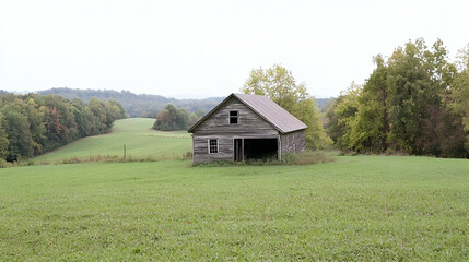 Obraz premium Rustic barn on rolling hills farmland. Autumn landscape, rural setting. Stock photo