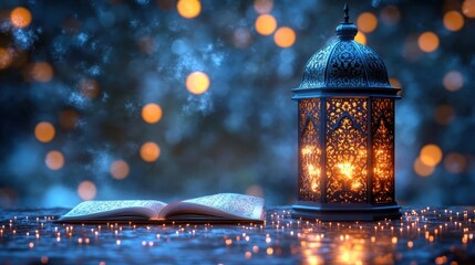 Illuminated lantern and open book on a wooden surface, surrounded by bokeh lights, creating a serene and spiritual ambiance.