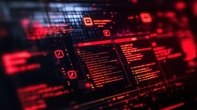 Glowing red computer screen displaying lines of code and sensitive information during a cyber security breach, emphasizing digital system vulnerabilities and the need for strong security