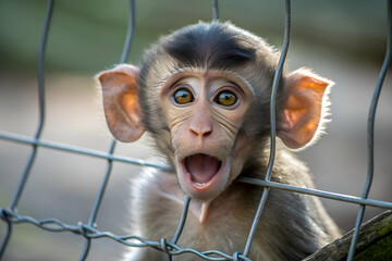 Baby monkey with wide eyes and open mouth looking shocked and curious, making a funny and expressive meme face reaction