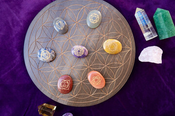 Horoscope zodiac circle with divination dice and birthstones. Fortune telling and astrology predictions charts concept, magic rituals and exoteric experience