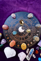 Gemstones minerals stones and obelisks over astrology desk. Witchcraft, herbal medicine and healing, Magic healing Rock for Reiki Crystal Ritual, Witchcraft, spiritual esoteric practice