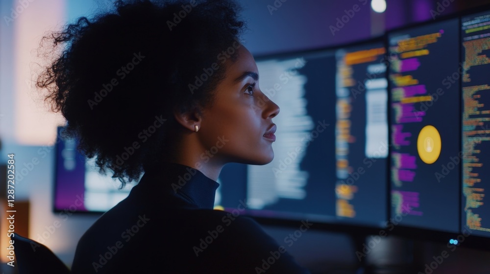 Aufkleber young female software engineer concentrating and analyzing code displayed on multiple computer scree