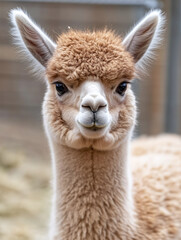 Fototapeta premium Close up portrait of an alpaca isolated on white or white background , animal.