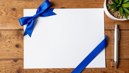 Blank stationery with blue ribbon and succulent plant