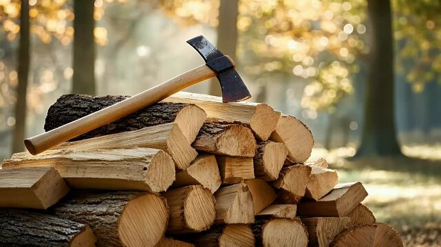 Pile of Wood with an Axe in a Forest Setting with Warm Sunlight Brown and Beige Tones Stacked Firewood and Rural Scene Preparation for Winter with Natural Textures and Organic Shapes