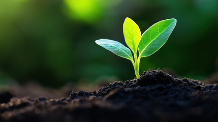 Fototapeta premium Green seedling sprouting from dark soil representing growth concept