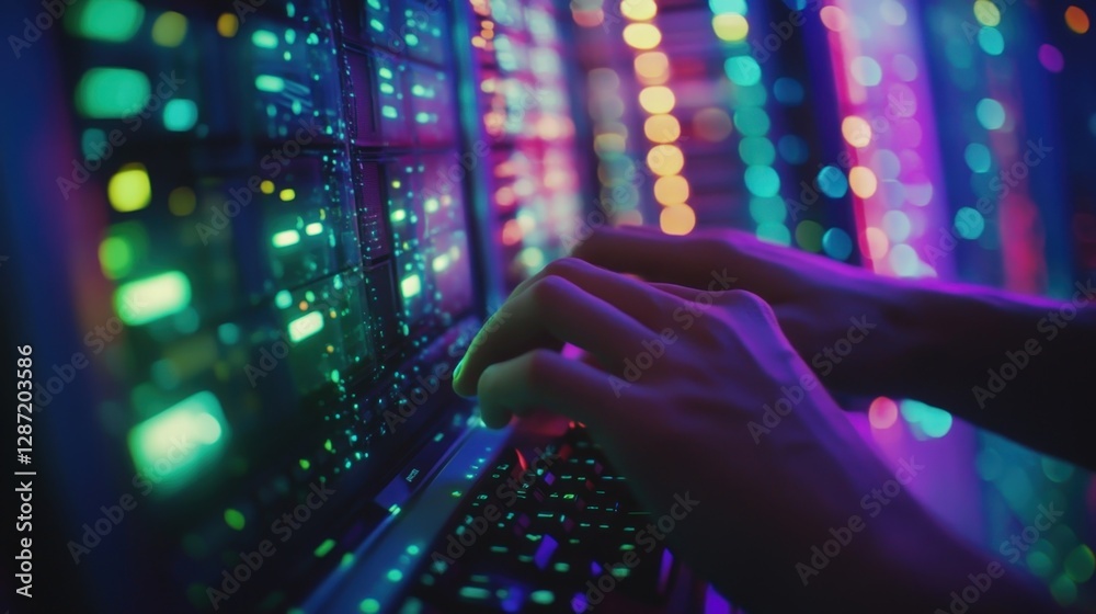 Poster close up of hands typing on laptop keyboard in dark data center with colorful bokeh lights, reflecti