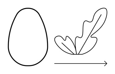 Egg shape next to a leaf with an arrow pointing forward. Ideal for growth, transformation, evolution, nature, development, change, progress narratives. Minimalist black abstract line flat metaphor