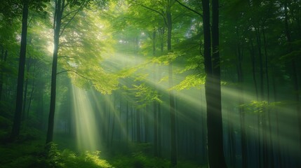 Fototapeta premium Sunbeams illuminating forest path in lush green woodland 