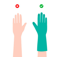 Obraz premium Hangs Right and wrong without wearing gloves cartoon cleaning protective Fashion hand accessory clothing technical illustration garment. Dish wash Vector for Men, women, unisex flat template CAD style