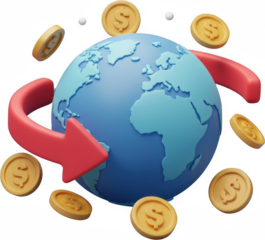 Global Currency Exchange 3D Earth with Rotating Dollar Coins and Arrow