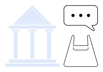 Government building with speech bubble and shopping bag indicating e-commerce regulation and online interaction. Ideal for finance, e-commerce, governance, digital communication, regulation, online