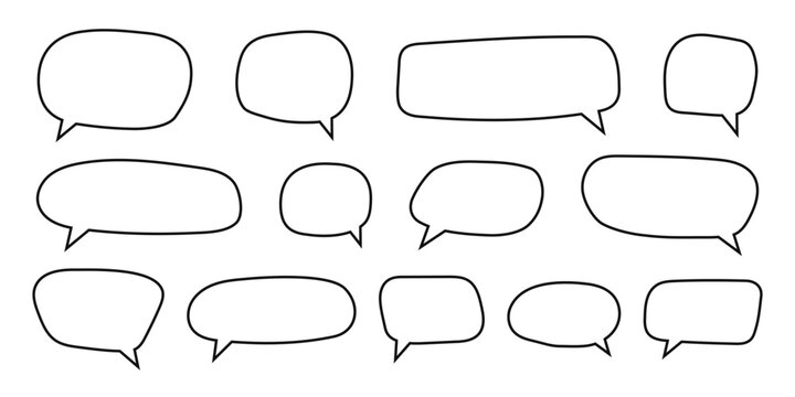 Set of speech bubble templates in doodle style. Dialog balloons, text boxes, quote frames, conversation tags and message banners isolated on white background. Vector outline illustration.