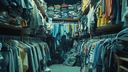 A cluttered, dark closet overflowing with clothes, stacked high on shelves and hanging on racks.