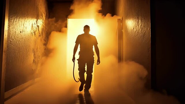 Silhouette Of A Man Holding A Whip Standing In A Doorway Bathed In Golden Light And Smoke In A Dark And Mysterious Interior Hallway With Ominous Shadows